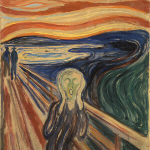 Expressionist painting by Edvard Munch showing a figure on a bridge screaming in anguish under a swirling red-orange sky, symbolizing anxiety and existential fear.