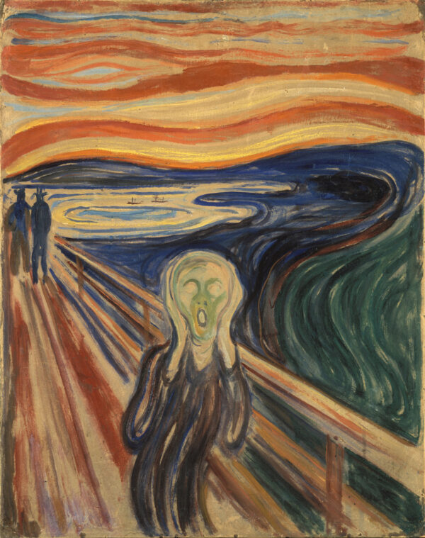Expressionist painting by Edvard Munch showing a figure on a bridge screaming in anguish under a swirling red-orange sky, symbolizing anxiety and existential fear.
