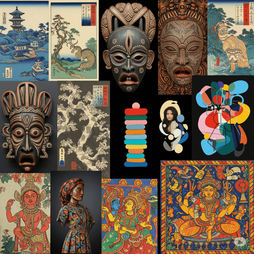 How to Develop a Deeper Appreciation for Art 3 A collage of global art forms—Japanese woodblocks, African masks, Indian folk paintings, and modern digital pieces.