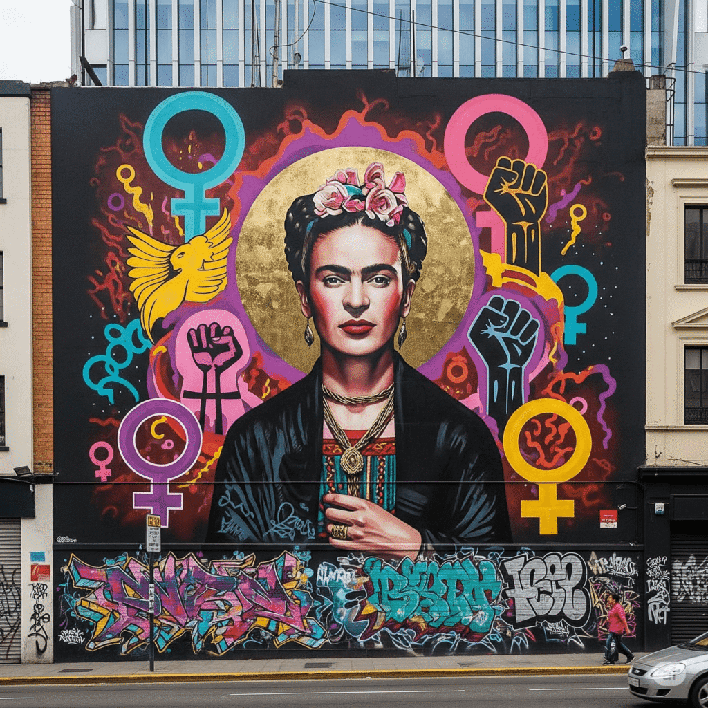 The Legacy of Frida Kahlo: A Global Icon in Art 3 Mural of Frida Kahlo in a modern urban setting surrounded by feminist symbols