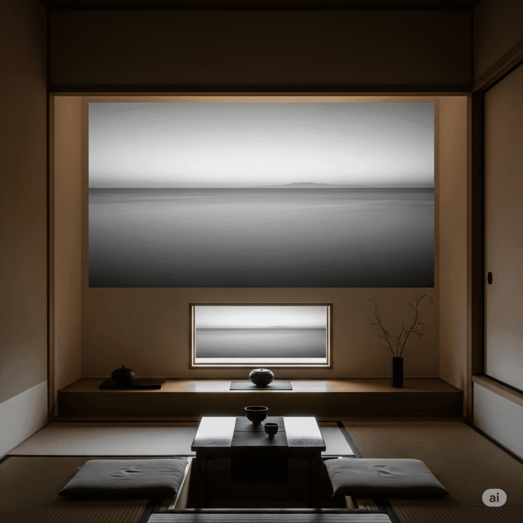 Exploring Minimalism: A Global Trend in Modern Art 2 A photo of a sparse Japanese tea room or a monochrome landscape photograph by Hiroshi Sugimoto