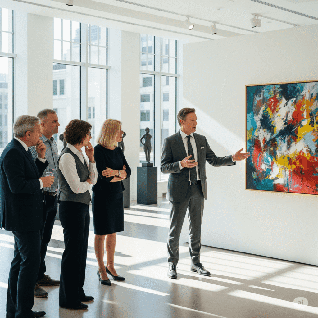 How Museums Acquire Multi-Million Dollar Masterpieces 3 Art dealer presenting a piece to curators in a gallery setting
