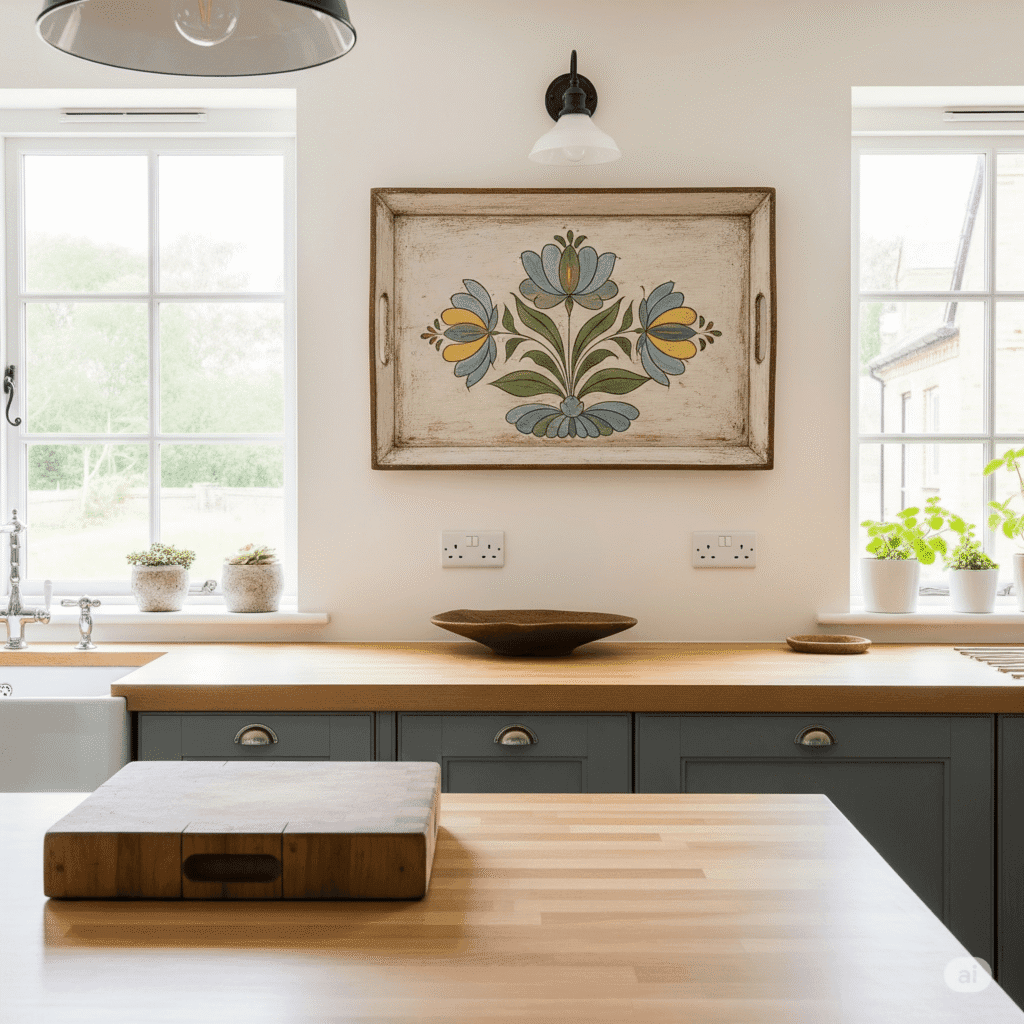 The Best Art for Small Spaces: Tips and Ideas 4 A kitchen with a hand-painted wooden tray mounted on the wall above a countertop
