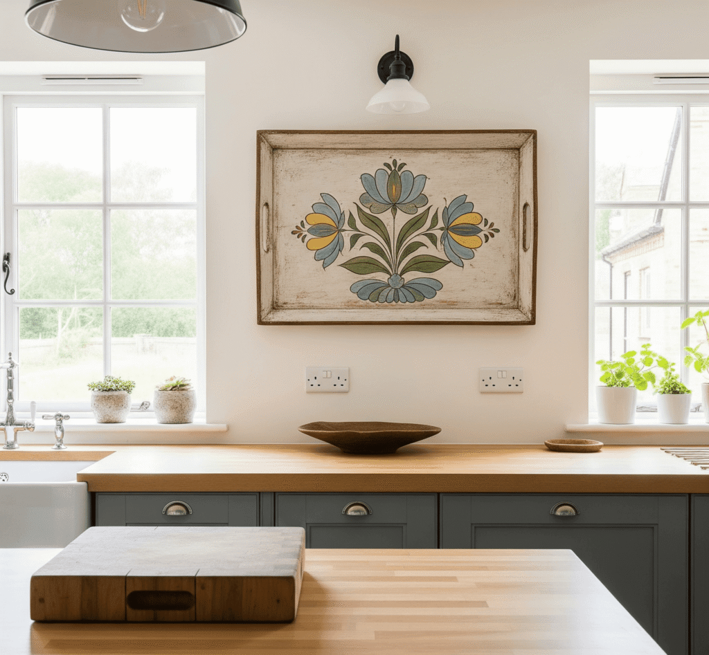 The Best Art for Small Spaces: Tips and Ideas 4 A kitchen with a hand-painted wooden tray mounted on the wall above a countertop