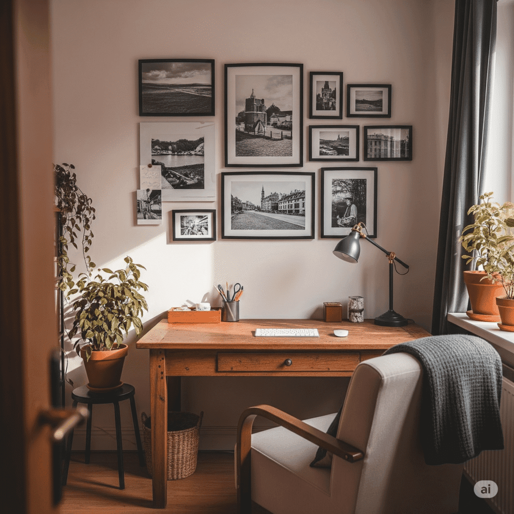 The Best Art for Small Spaces: Tips and Ideas 3 A cozy home office corner with a black-and-white gallery wall above the desk