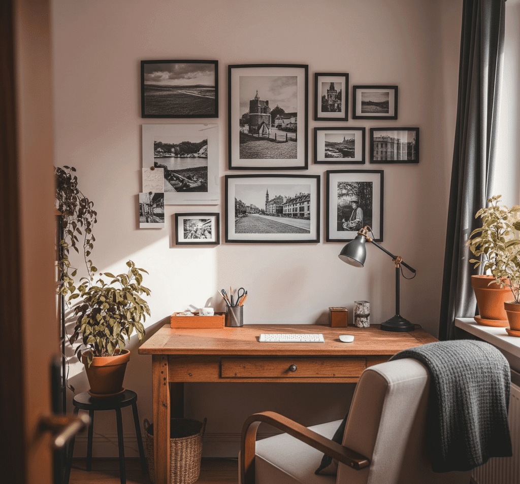 The Best Art for Small Spaces: Tips and Ideas 3 A cozy home office corner with a black-and-white gallery wall above the desk