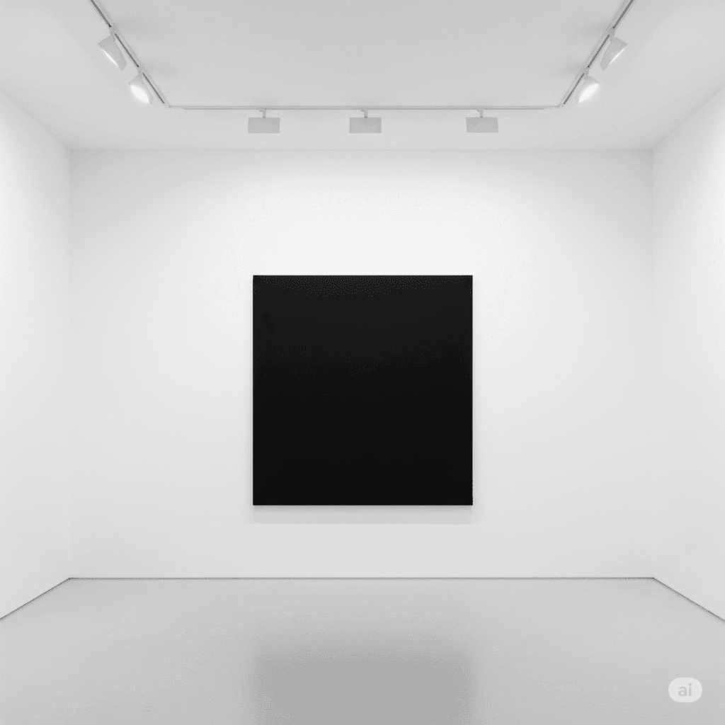 Exploring Minimalism: A Global Trend in Modern Art 1 A white-walled gallery with a single large black square canvas hanging in the center