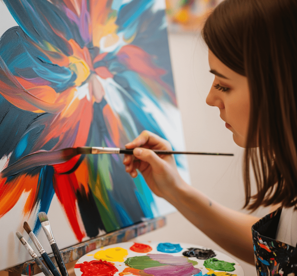 10 Tips for Beginners: How to Start Painting Abstract Art 9 Woman painting vibrant abstract on canvas