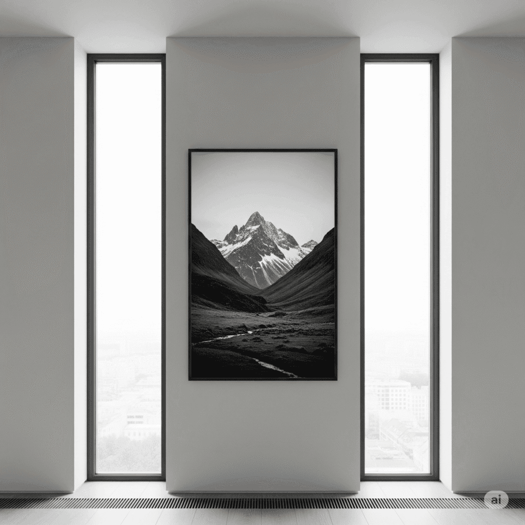 The Best Art for Small Spaces: Tips and Ideas 2 A tall, vertical artwork hanging in a slim space between two windows