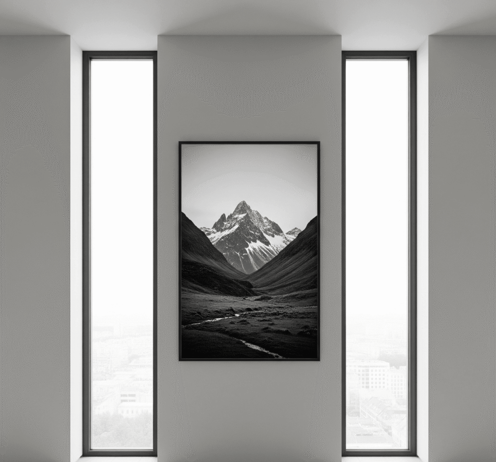 The Best Art for Small Spaces: Tips and Ideas 2 A tall, vertical artwork hanging in a slim space between two windows