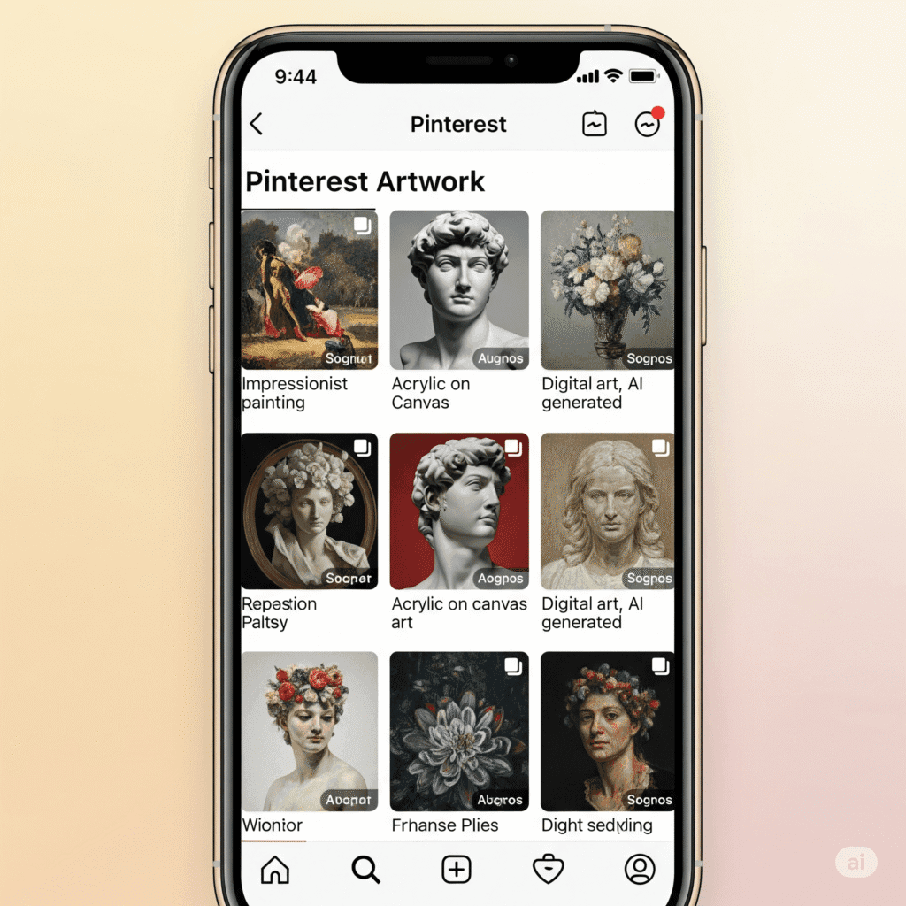 How to Develop a Deeper Appreciation for Art 5 A phone screen showing a saved Pinterest board of artwork with captions