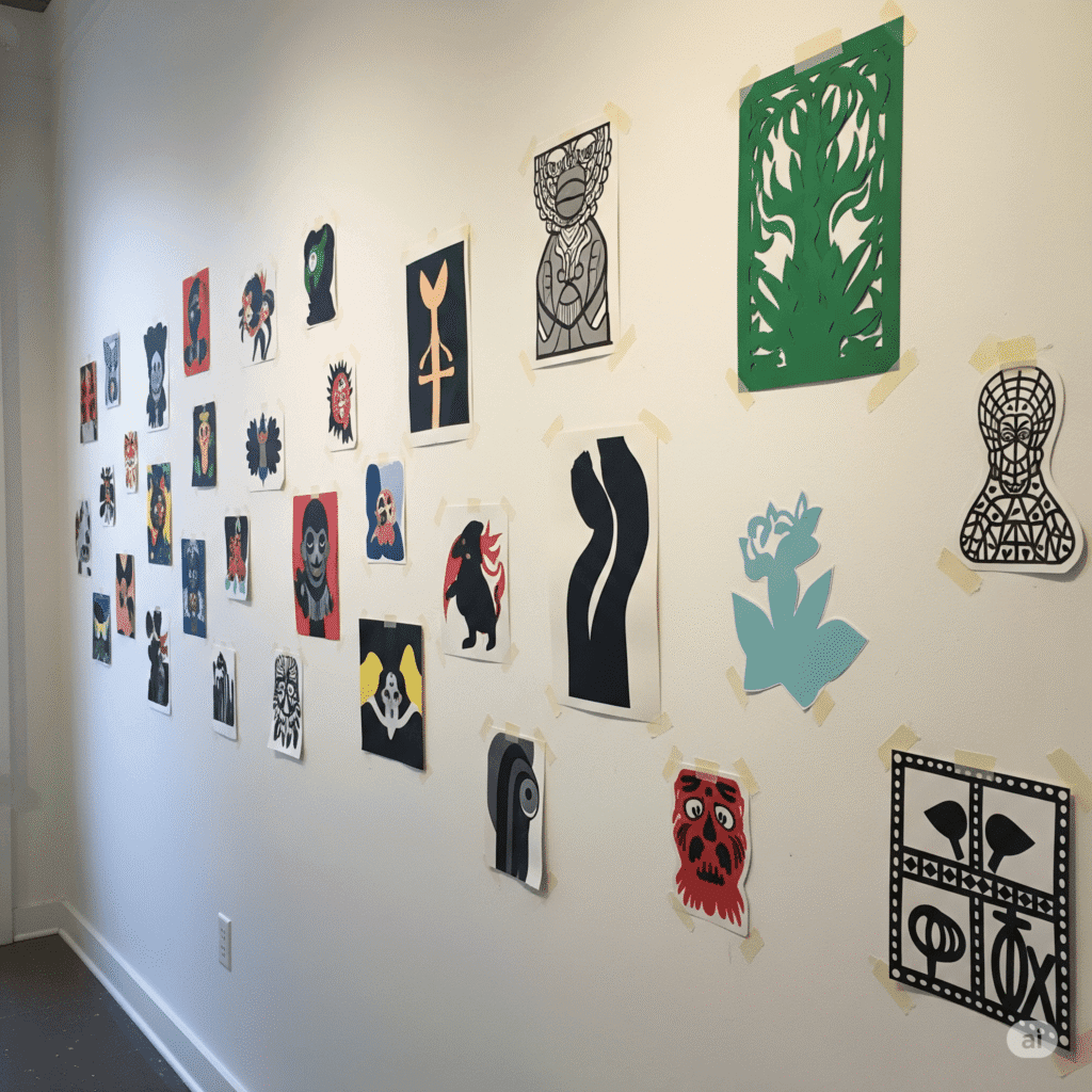 The Best Art for Small Spaces: Tips and Ideas 5 Paper cutouts taped to a wall, testing a gallery layout before hanging frames
