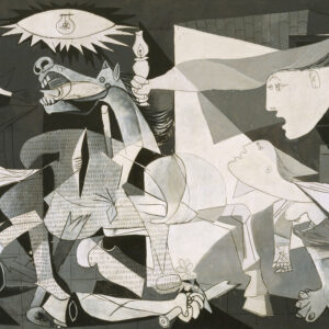 Pablo Picasso’s Guernica, a monumental anti-war painting, showcasing abstract elements fused with intense political expression