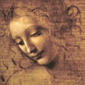 Unfinished Renaissance portrait by Leonardo da Vinci showing a young woman with disheveled hair and a serene, downward gaze, rendered with soft light and delicate shading.