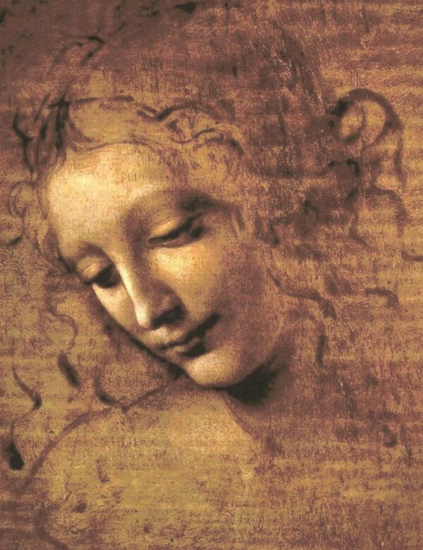 Unfinished Renaissance portrait by Leonardo da Vinci showing a young woman with disheveled hair and a serene, downward gaze, rendered with soft light and delicate shading.