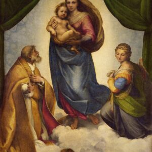 Renaissance painting by Raphael showing the Virgin Mary holding the Christ Child, flanked by Saint Sixtus and Saint Barbara, with two cherubs resting below on a cloud.