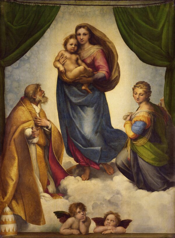 Renaissance painting by Raphael showing the Virgin Mary holding the Christ Child, flanked by Saint Sixtus and Saint Barbara, with two cherubs resting below on a cloud.