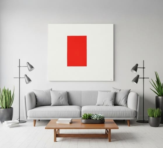 Exploring Minimalism: A Global Trend in Modern Art 4 A minimalist painting above a modern sofa, surrounded by white space and simple decor