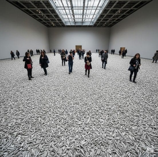 5 Contemporary Artists You Should Know About 3 Photo of Ai Weiwei's “Sunflower Seeds” installation with people walking through the porcelain pieces