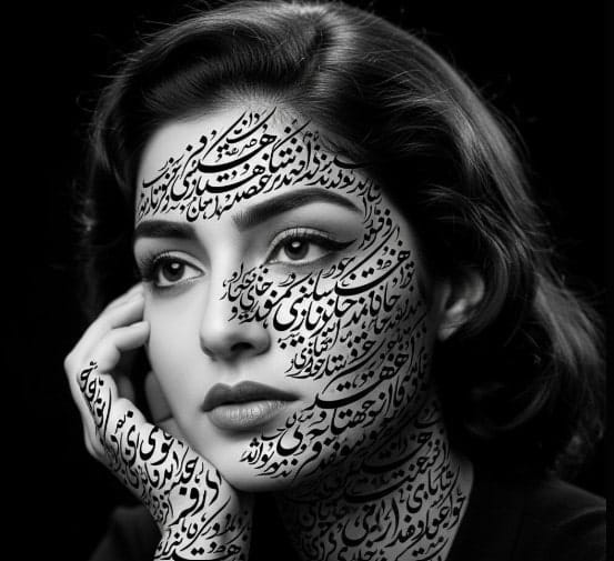 5 Contemporary Artists You Should Know About 4 Black-and-white portrait of a woman with Persian calligraphy layered over her face