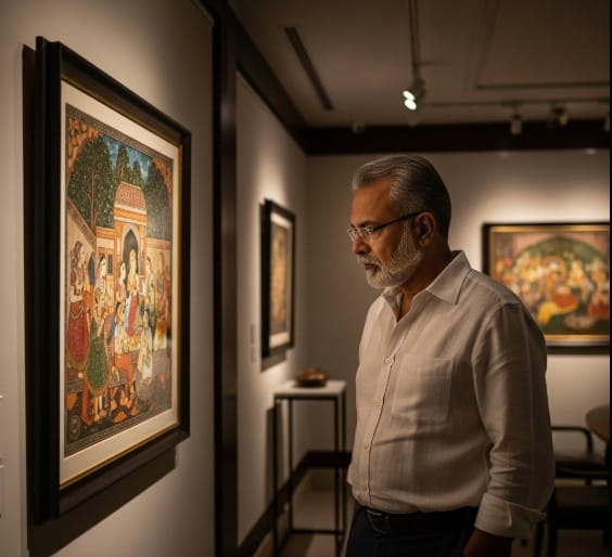 Raja Ravi Varma to M.F. Husain: The Most Valuable Indian Paintings 9 A collector admiring a framed Indian painting in a private gallery