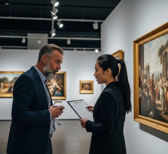 The Psychology of Art Collectors: Why the Rich Invest in Paintings 2 Art collector discussing purchases with professional advisor