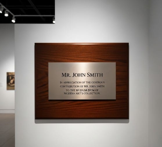 The Psychology of Art Collectors: Why the Rich Invest in Paintings 3 Museum exhibition plaque showing art donor's name