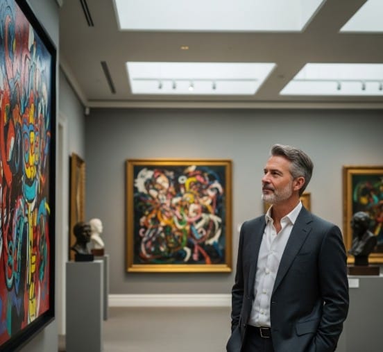 The Psychology of Art Collectors: Why the Rich Invest in Paintings 4 Private art collector admiring a painting in personal gallery