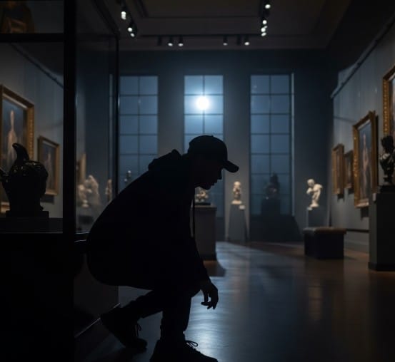 The Mysterious World of Lost and Stolen Masterpieces 1 A shadowy figure in a gallery at night, symbolizing art theft