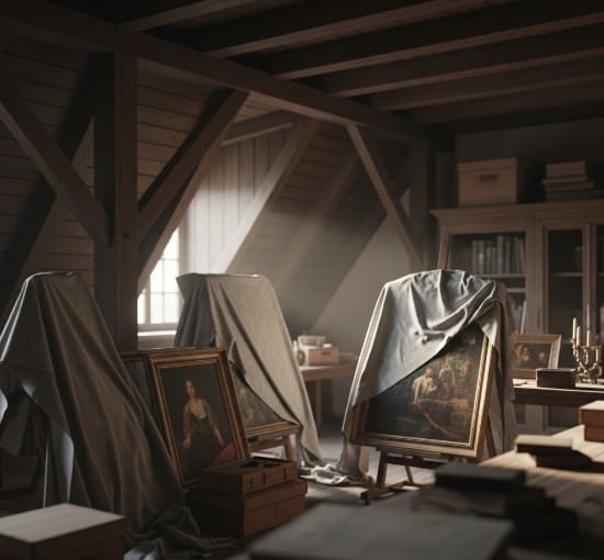 The Mysterious World of Lost and Stolen Masterpieces 3 Archive room or old attic with covered paintings