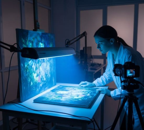 Famous Art Forgeries That Fooled the World (And Their Prices) 1 A painting being examined under UV light in a forensic lab