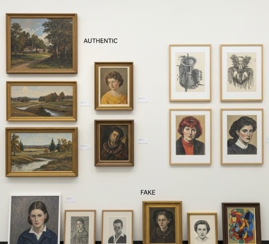 Famous Art Forgeries That Fooled the World (And Their Prices) 3 Gallery wall with tags labeled "Authentic" and "Fake"