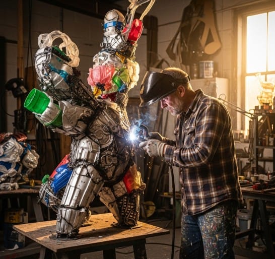 Sustainability in Art: Eco-Friendly Trends in 2025 2 Artist working with reclaimed metal and plastic materials