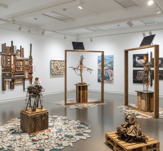 Sustainability in Art: Eco-Friendly Trends in 2025 3 Gallery exhibit using solar-powered lighting and reclaimed materials