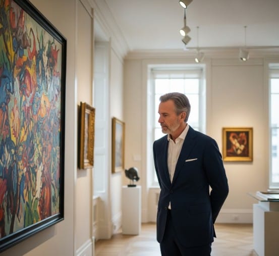 Art Auctions vs. Private Sales: Where to Buy High-Value Art 2 A collector inspects a painting during a private viewing at a luxury art gallery