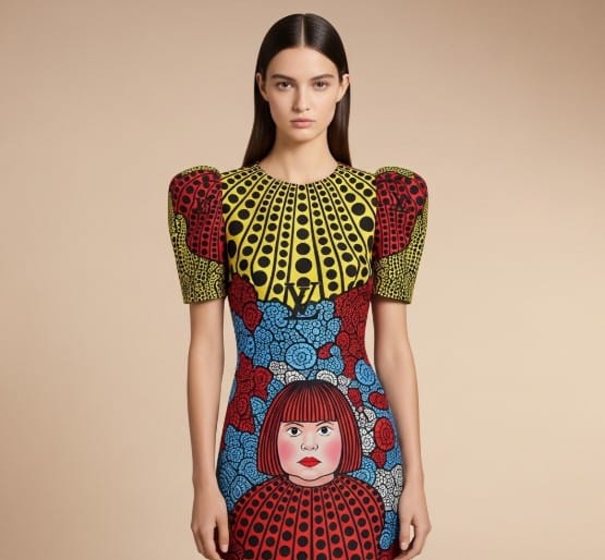 Art and Luxury: When Fashion, Jewelry, and Paintings Collide 1 A photo of a model wearing the Louis Vuitton x Yayoi Kusama collaboration dress