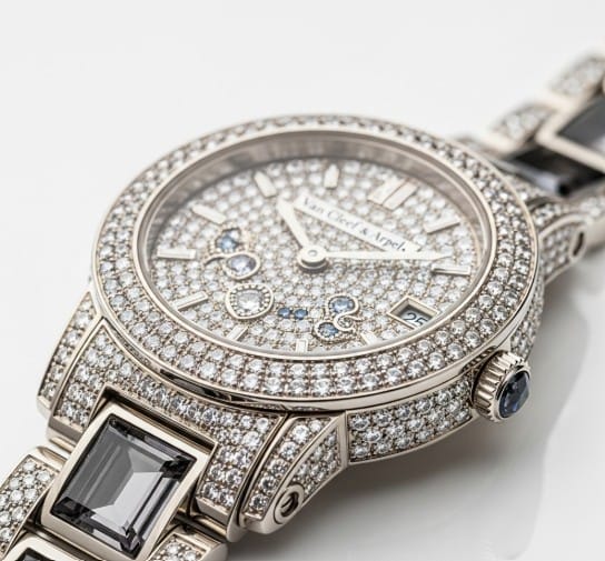 Art and Luxury: When Fashion, Jewelry, and Paintings Collide 2 Close-up photo of a Van Cleef & Arpels watch with intricate gem work