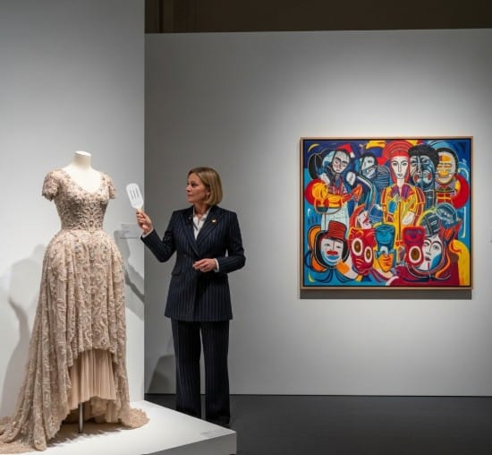 Art and Luxury: When Fashion, Jewelry, and Paintings Collide 3 Image of an auction house listing a haute couture dress next to a modern painting