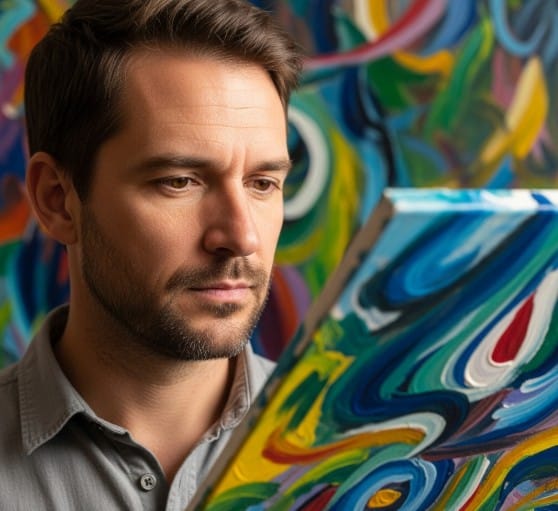 The Benefits of Art Appreciation for Mental Health 2 A close-up of someone with a thoughtful expression, observing an abstract painting