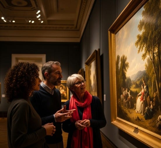 The Benefits of Art Appreciation for Mental Health 3 A small group discussing a painting in a museum