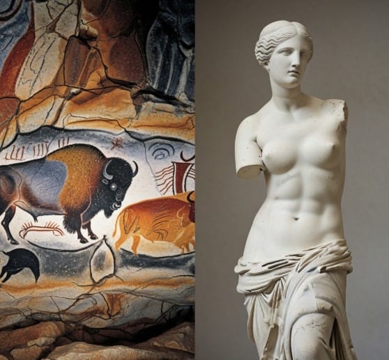 Art History: A Beginner’s Guide to Major Movements 1 Side-by-side images of Lascaux cave paintings and a classical Greek statue