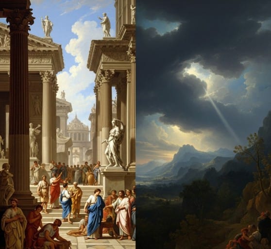 Art History: A Beginner’s Guide to Major Movements 3 Neoclassical painting of a Roman scene beside a stormy Romantic landscape