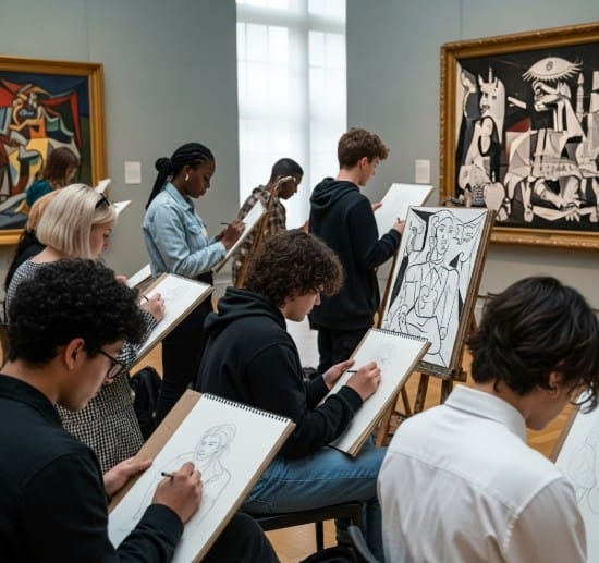How Picasso’s Work Influenced Global Art Movements 5 photo of students sketching from Picasso’s works in a museum or art school.