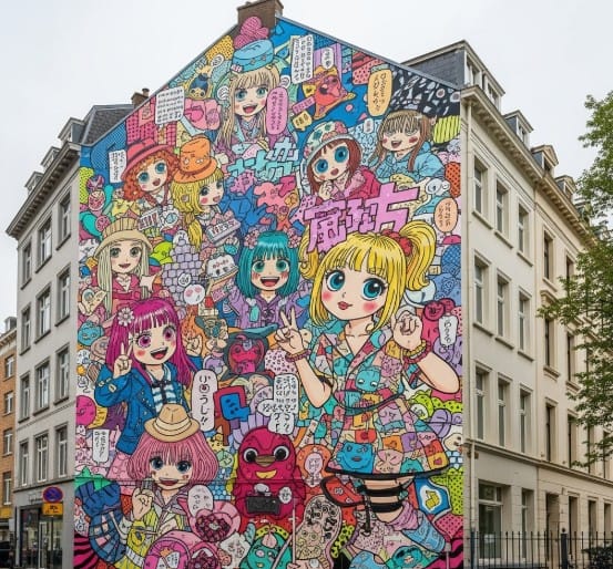 How Japanese Artists are Shaping the Global Art Scene 6 a mural inspired by manga or Harajuku pop art in a Western city