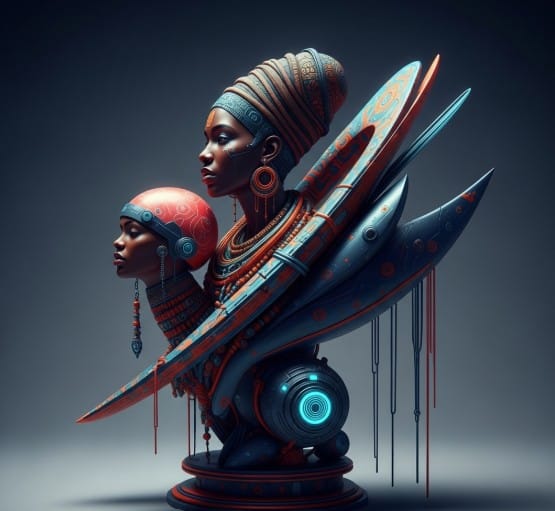 Spotlight on African Artists: Their Impact on World Art 3 an image of a futuristic sculpture or digital artwork by an Afrofuturist artist