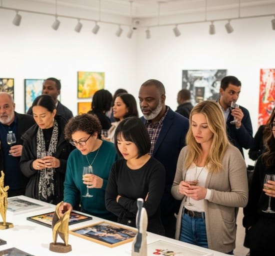 How to Start Your Own Art Collection 4 Aspiring art collectors engaging with artists and curators