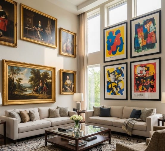 How to Mix Traditional and Modern Art in Your Home 1 Interior showing a tasteful blend of traditional and modern art in a cozy living room