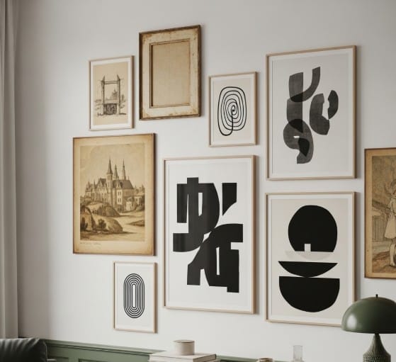 How to Mix Traditional and Modern Art in Your Home 2 Mixed-style gallery wall with modern and traditional art frames