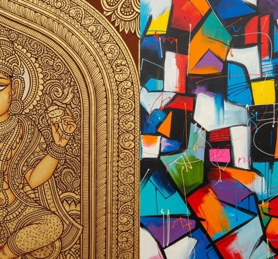 How to Mix Traditional and Modern Art in Your Home 4 Traditional Indian artwork displayed alongside bold modern abstract painting