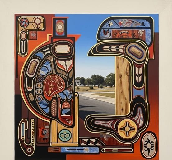 Top Global Art Movements to Watch 1 A vibrant painting blending indigenous symbols with contemporary art style.